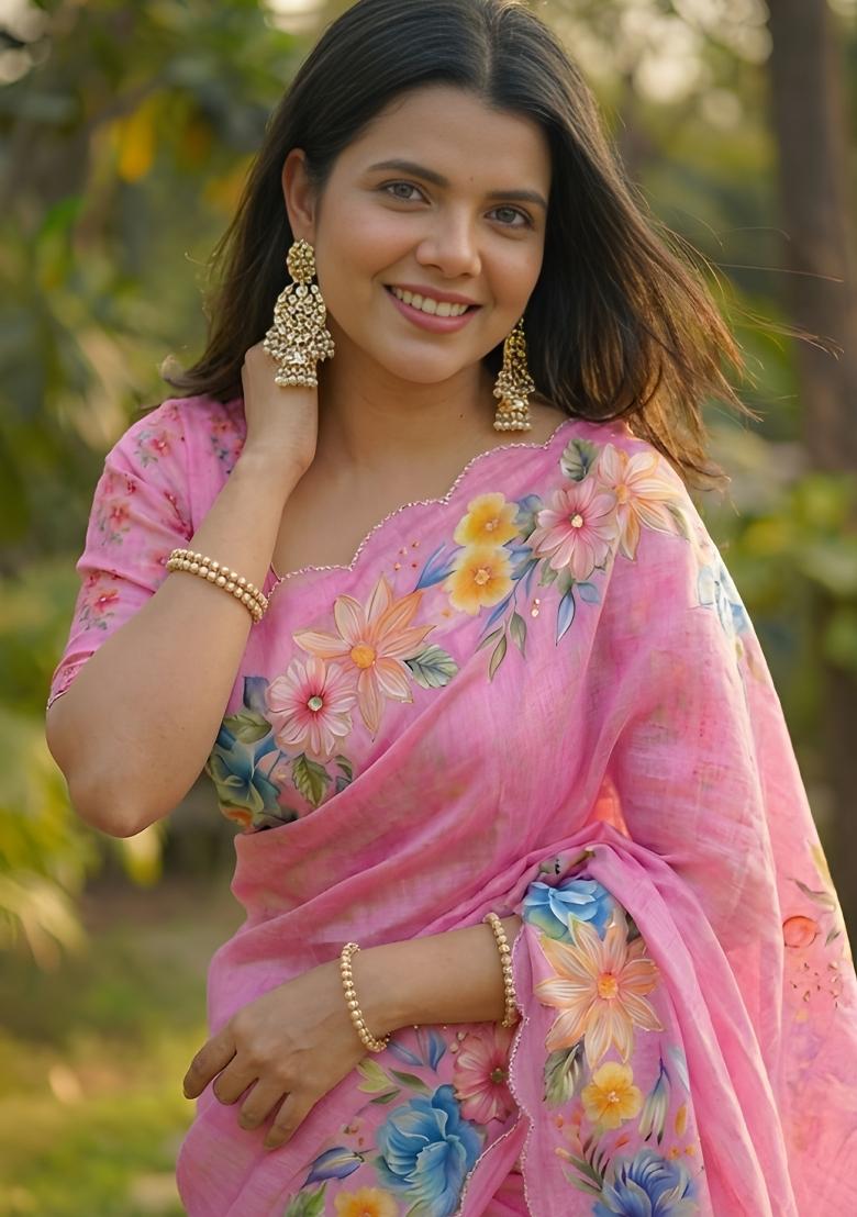 Pink Hand Work Chinon Saree Set - Indya
