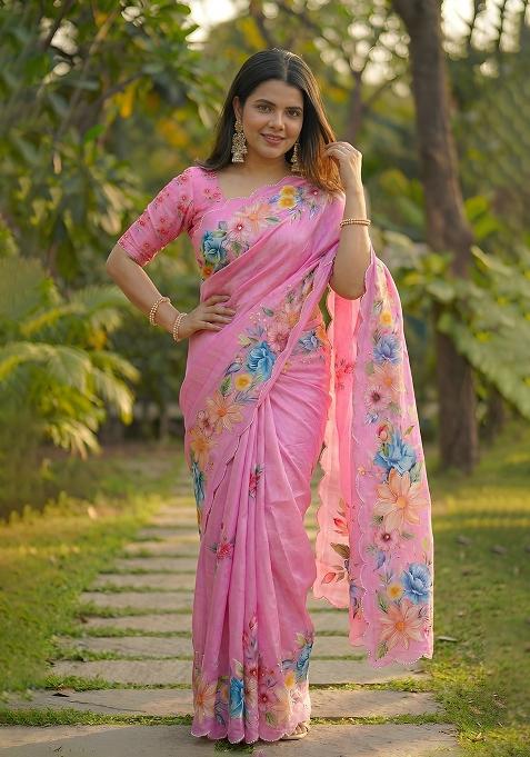Pink Hand Work Chinon Saree Set