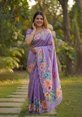 Purple Hand Work Chinon Saree Set