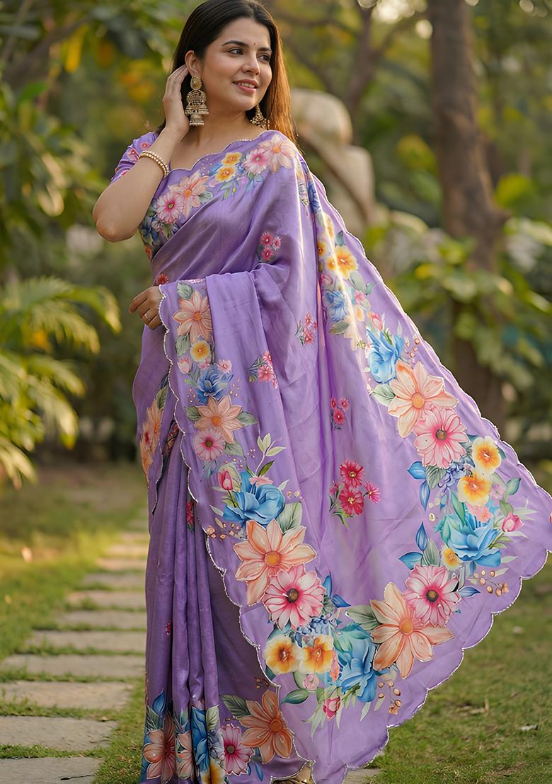 Purple Hand Work Chinon Saree Set - Indya