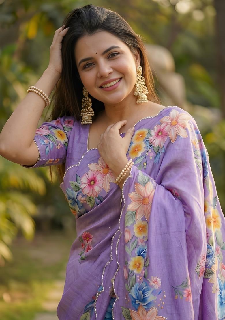 Purple Hand Work Chinon Saree Set - Indya