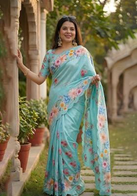 Sky Blue Hand Work Chinon Saree Set