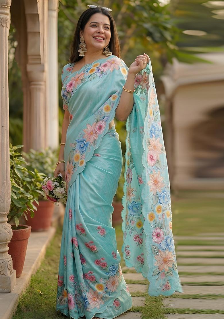 Sky Blue Hand Work Chinon Saree Set - Indya