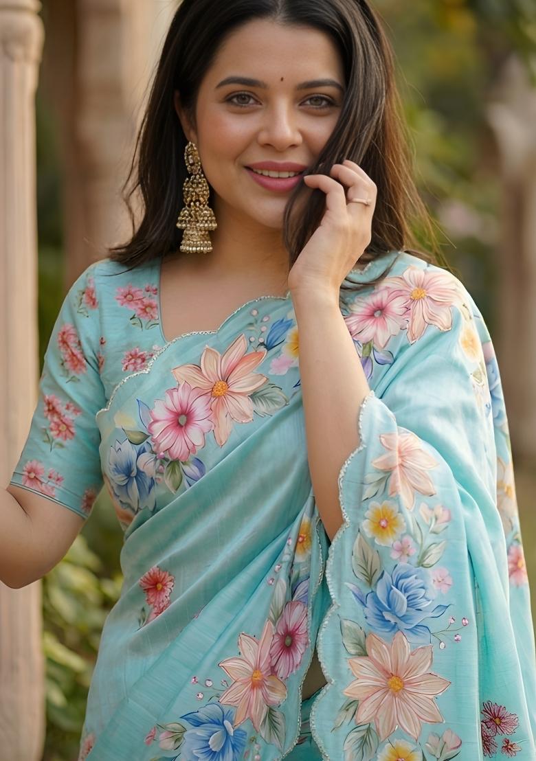 Sky Blue Hand Work Chinon Saree Set - Indya