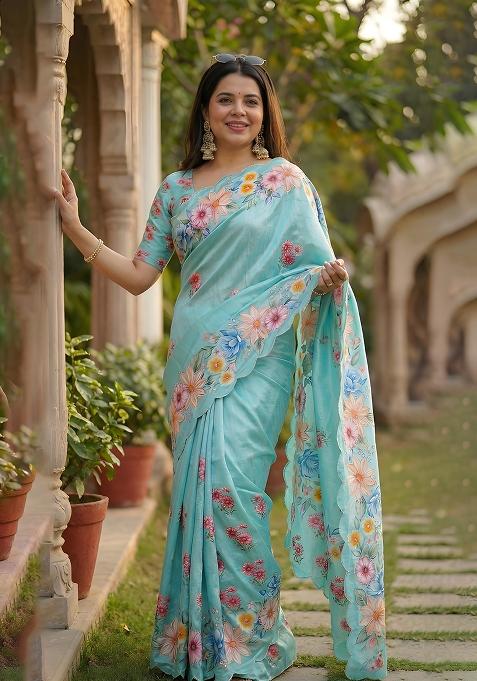 Sky Blue Hand Work Chinon Saree Set