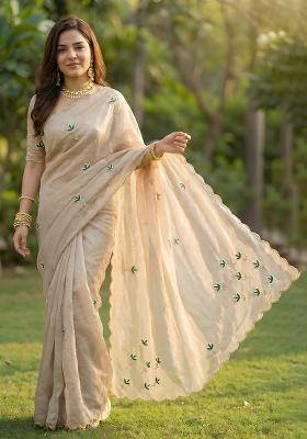 Cream Embroidered Silk Blend Saree Set