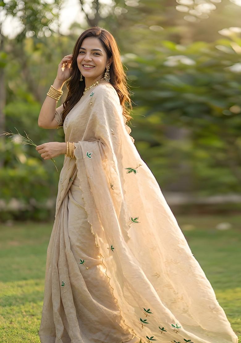 Cream Embroidered Silk Blend Saree Set - Indya