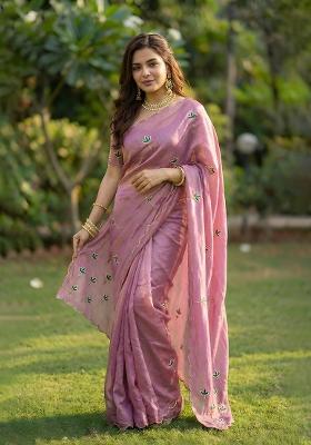 Pink Embroidered Silk Blend Saree Set