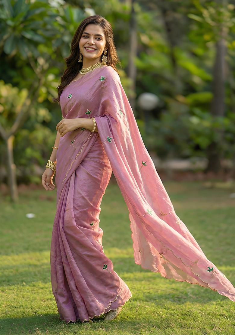 Pink Embroidered Silk Blend Saree Set - Indya