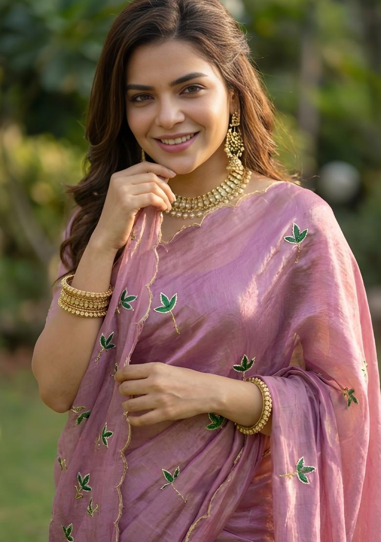 Pink Embroidered Silk Blend Saree Set - Indya