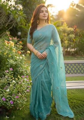 Sky Blue Embroidered Silk Blend Saree Set