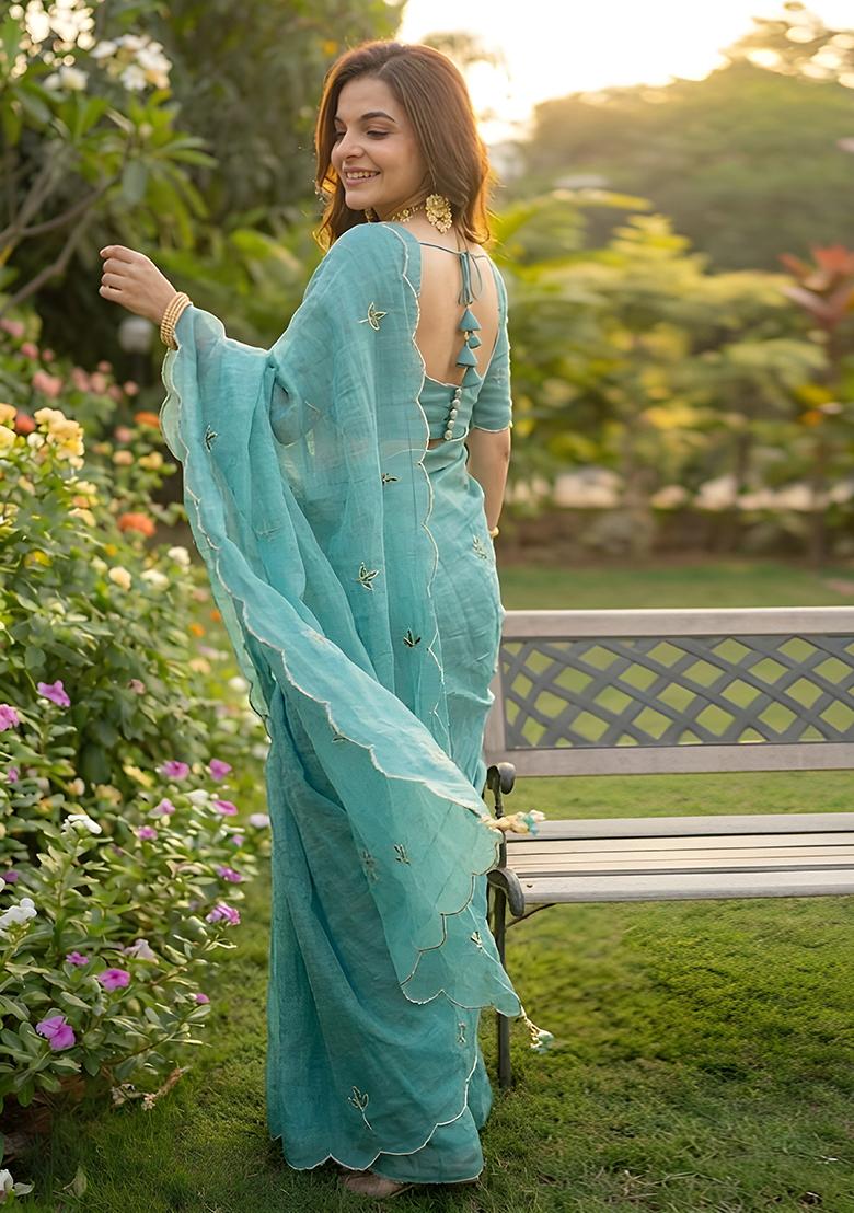 Sky Blue Embroidered Silk Blend Saree Set - Indya
