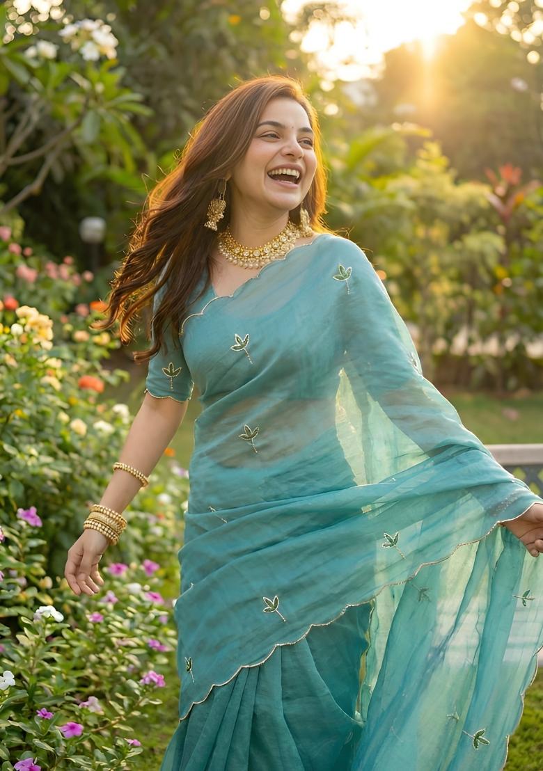 Sky Blue Embroidered Silk Blend Saree Set - Indya