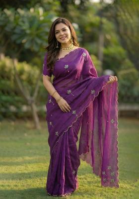 Purple Embroidered Silk Blend Saree Set