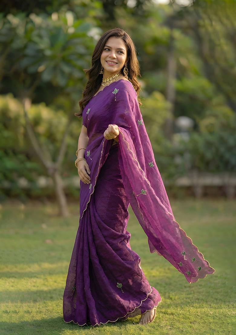 Purple Embroidered Silk Blend Saree Set - Indya