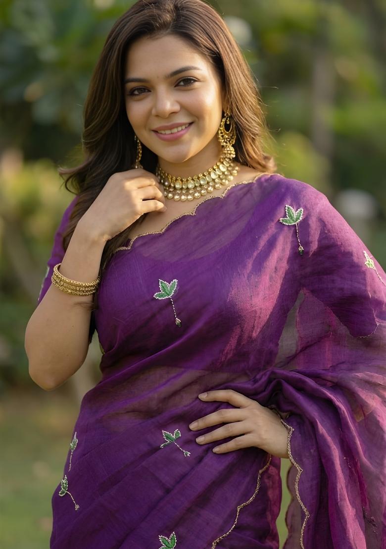 Purple Embroidered Silk Blend Saree Set - Indya