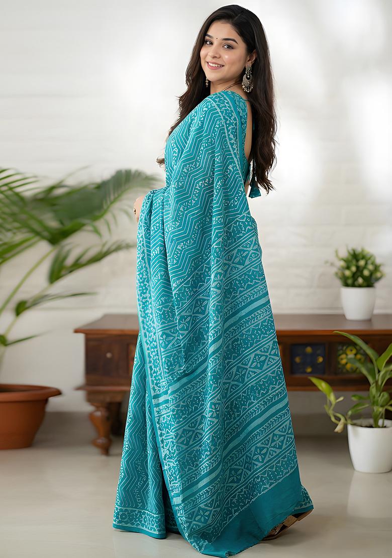 Teal Blue Printed Cotton Saree Set - Indya