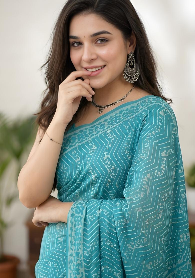 Teal Blue Printed Cotton Saree Set - Indya