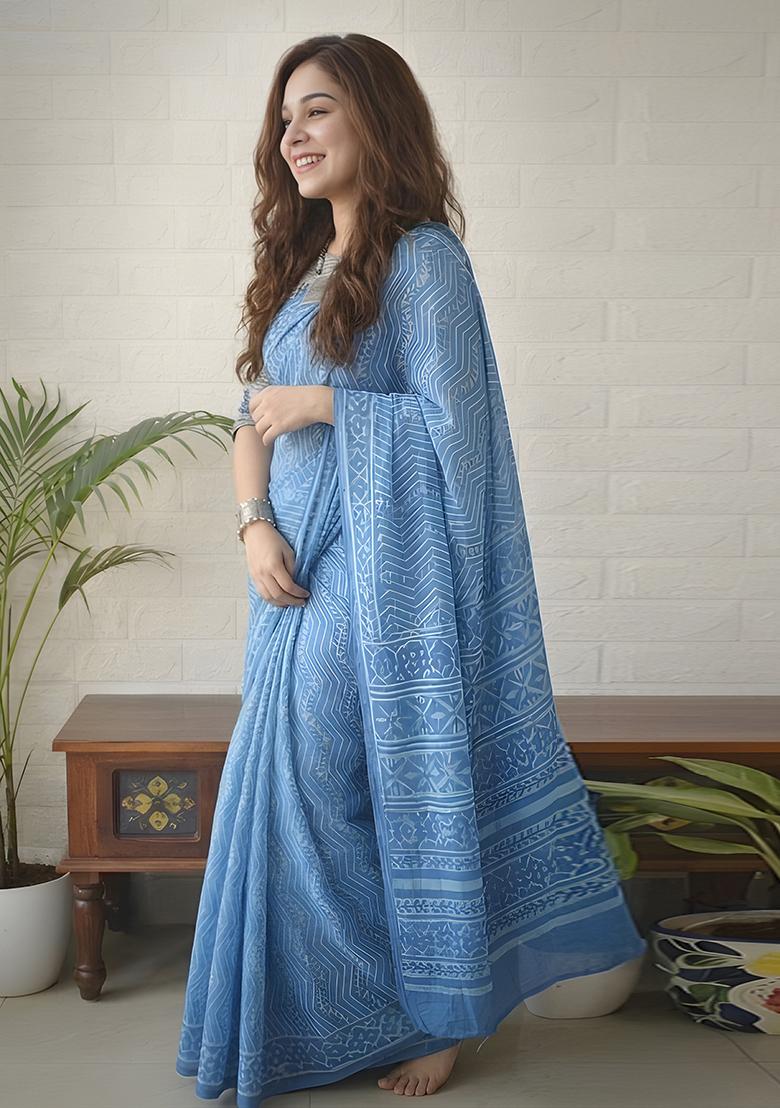 Blue Printed Cotton Saree Set - Indya