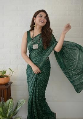 Green Printed Cotton Saree Set