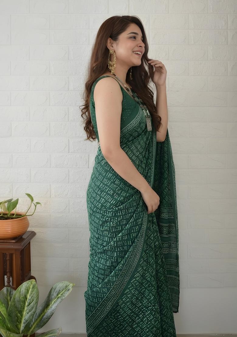 Green Printed Cotton Saree Set - Indya