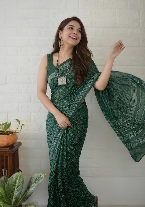 Green Printed Cotton Saree Set