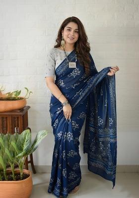 Navy Blue Printed Cotton Saree Set