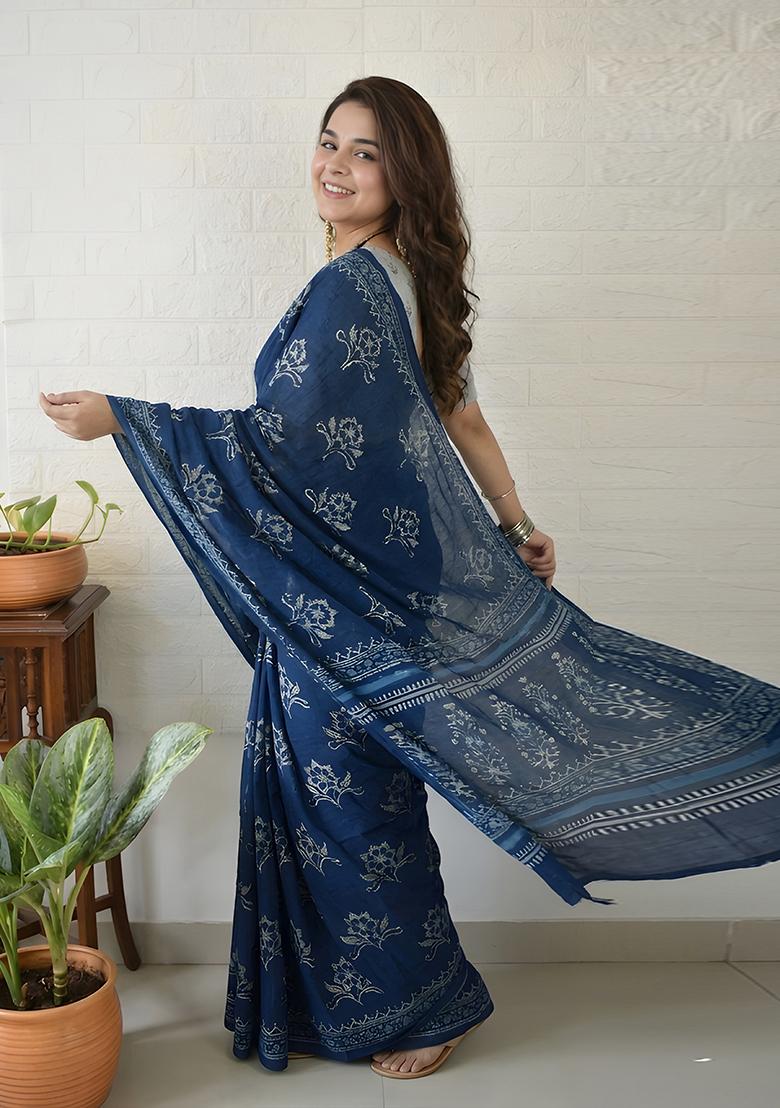 Navy Blue Printed Cotton Saree Set - Indya