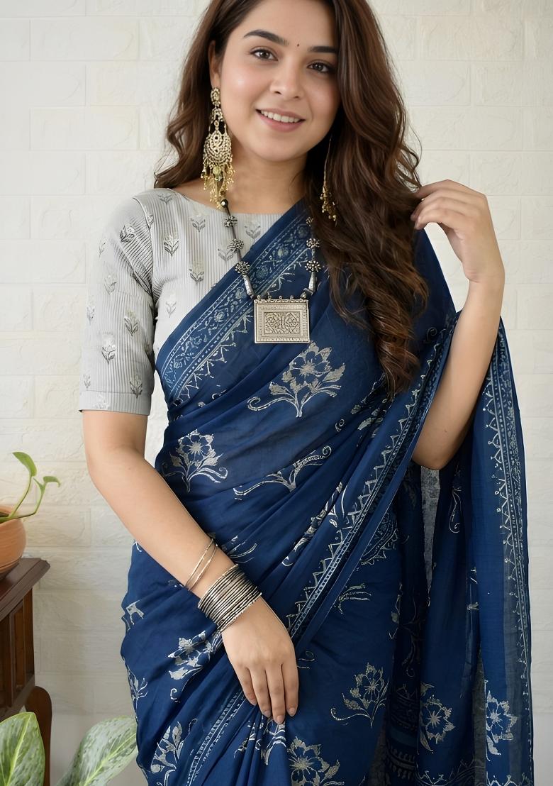 Navy Blue Printed Cotton Saree Set - Indya