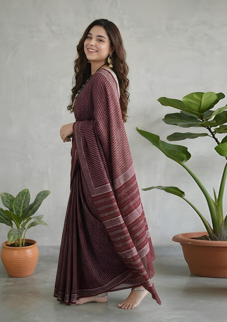Brown Printed Cotton Saree Set - Indya