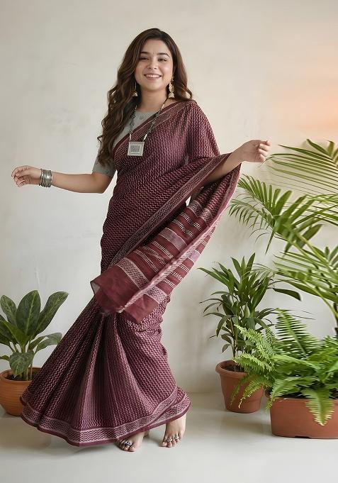 Brown Printed Cotton Saree Set