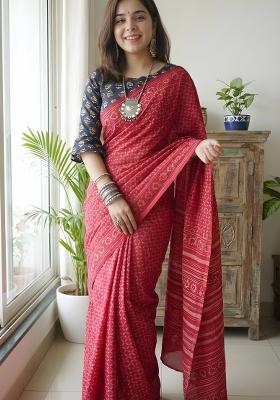 Red Printed Cotton Saree Set