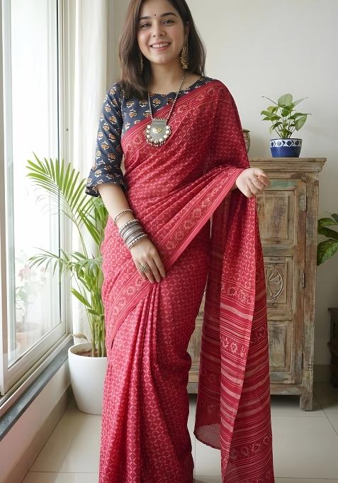 Red Printed Cotton Saree Set