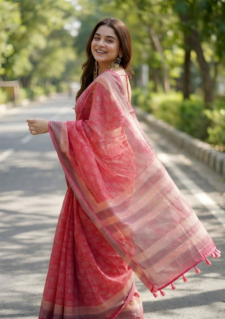 Pink Printed Linen Saree Set - Indya