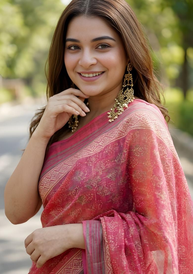 Pink Printed Linen Saree Set - Indya