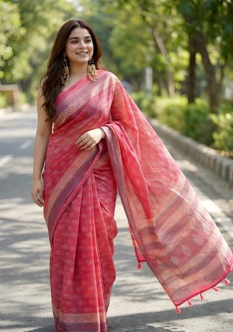 Pink Printed Linen Saree Set