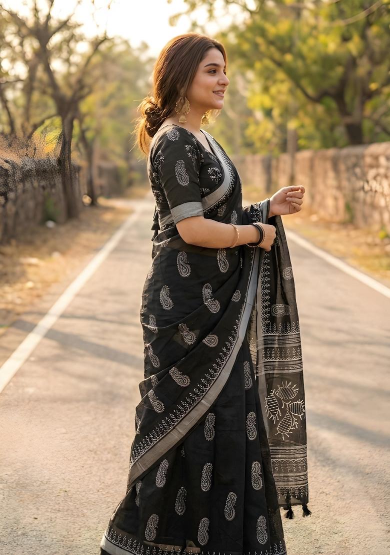 Black Printed Linen Saree Set - Indya