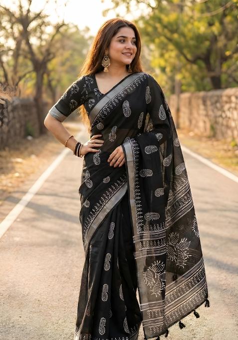 Black Printed Linen Saree Set
