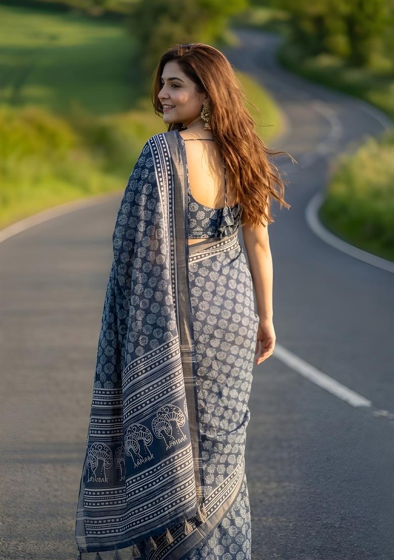 Blue Printed Linen Saree Set - Indya