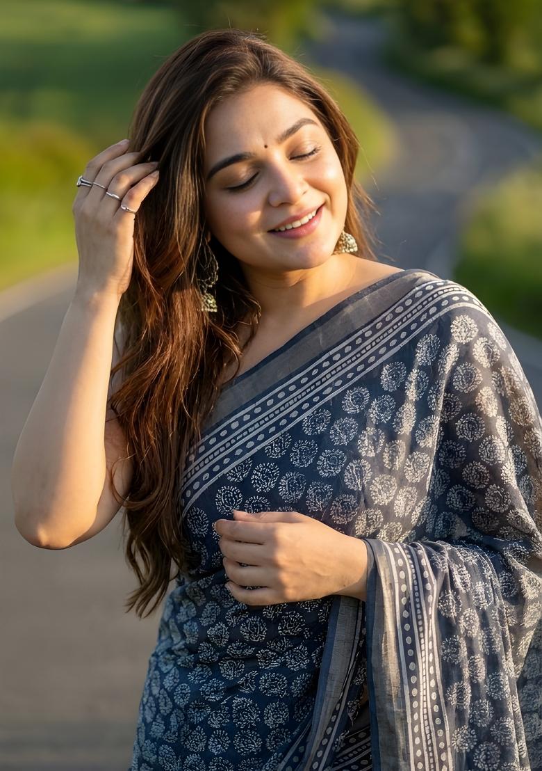 Blue Printed Linen Saree Set - Indya