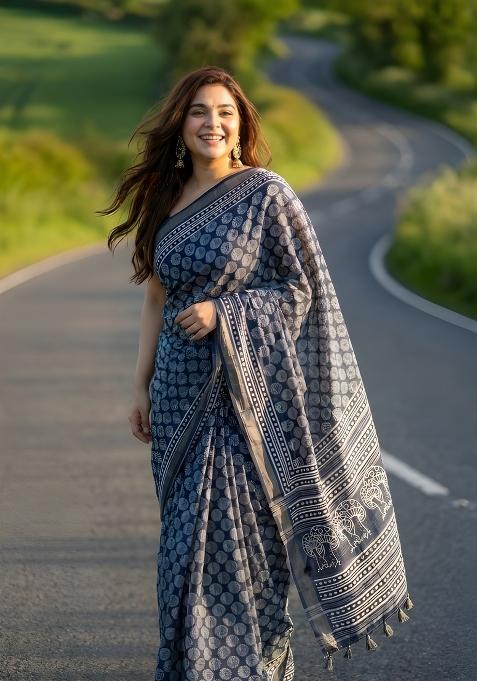 Blue Printed Linen Saree Set