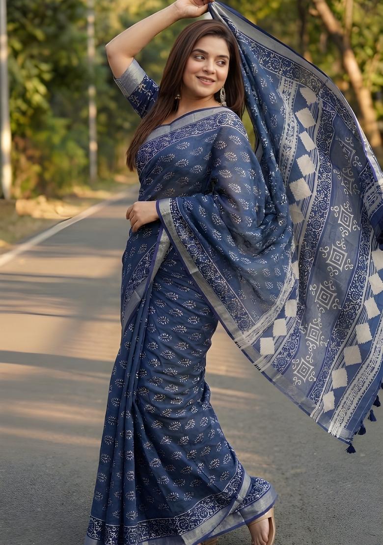 Navy Blue Printed Linen Saree Set - Indya