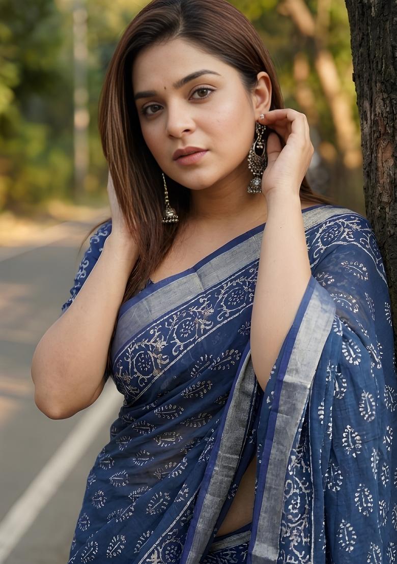 Navy Blue Printed Linen Saree Set - Indya