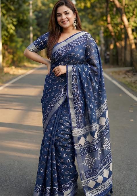 Navy Blue Printed Linen Saree Set