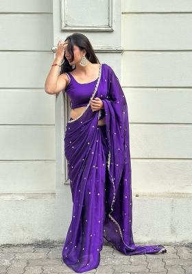 Purple Sequin Work Silk Blend Saree Set