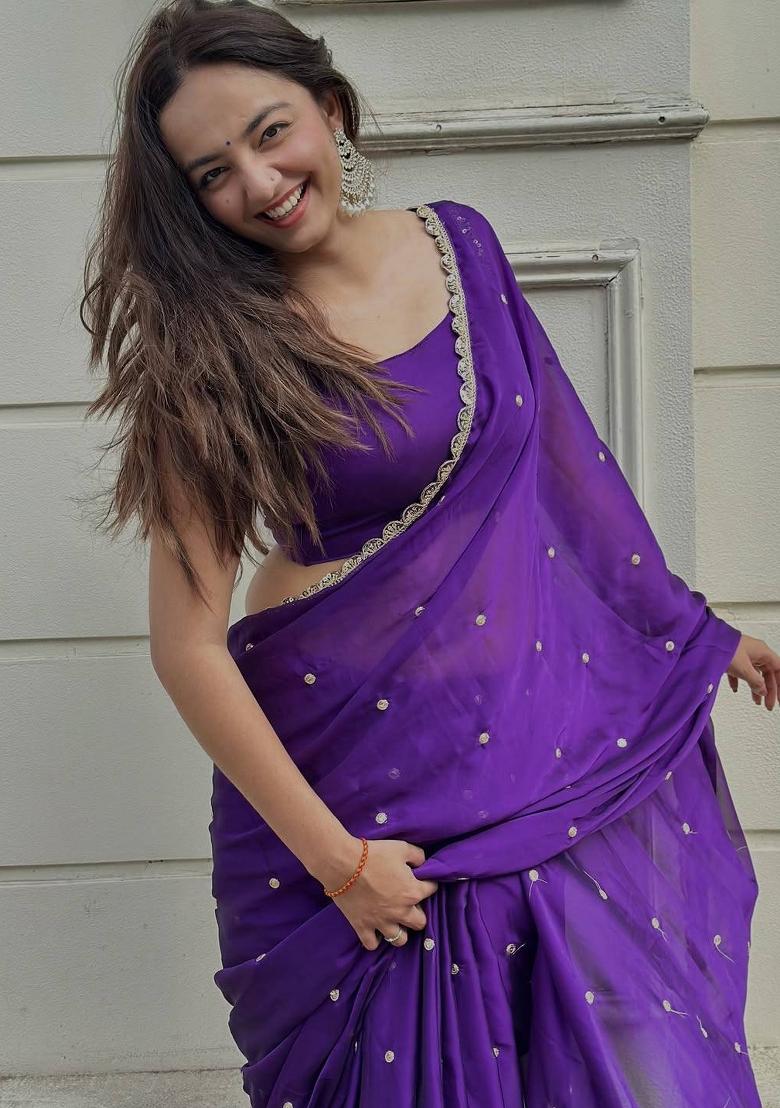 Purple Sequin Work Silk Blend Saree Set - Indya