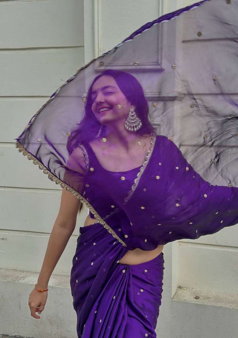 Purple Sequin Work Silk Blend Saree Set for Diwali and Festive Wear - Indya