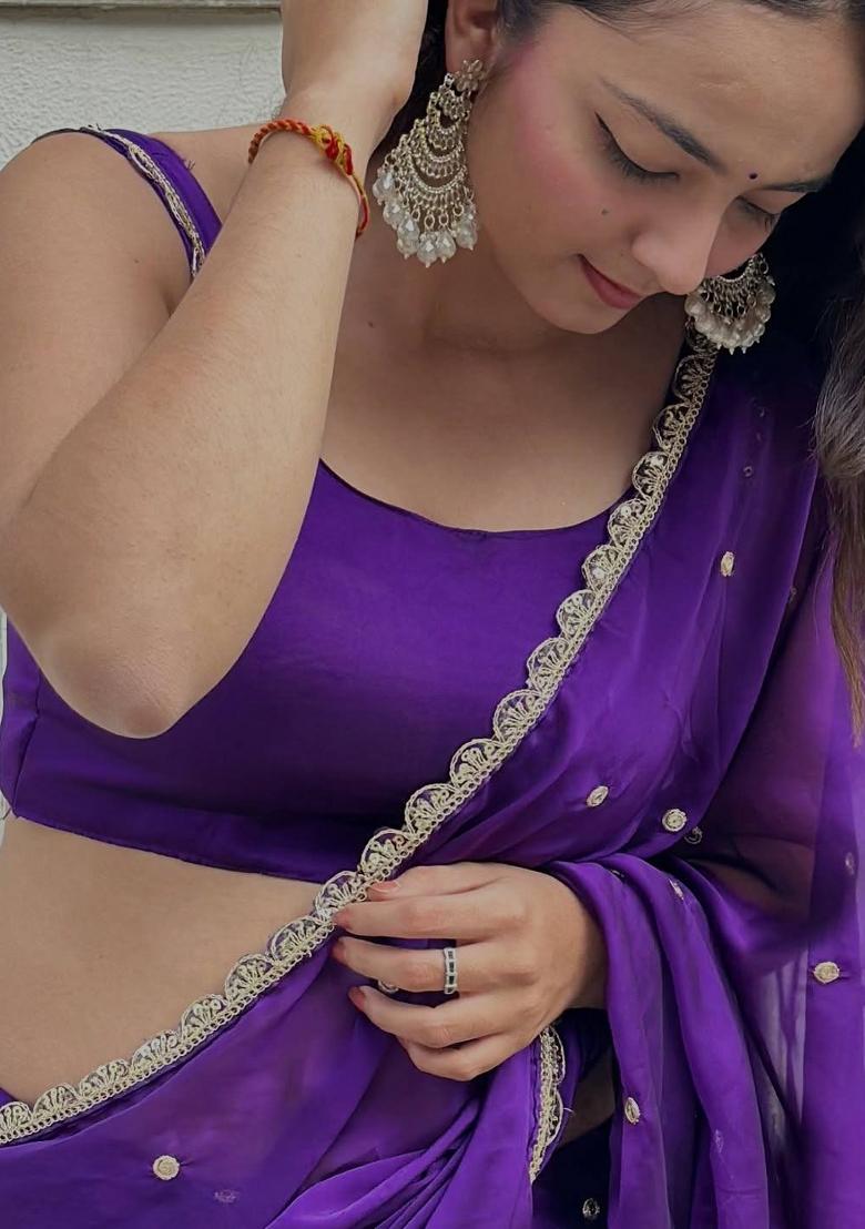 Purple Sequin Work Silk Blend Saree Set - Indya