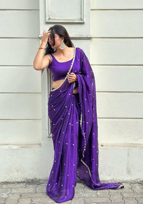 Purple Sequin Work Silk Saree Set