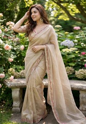 Cream Lace Work Silk Blend Saree Set
